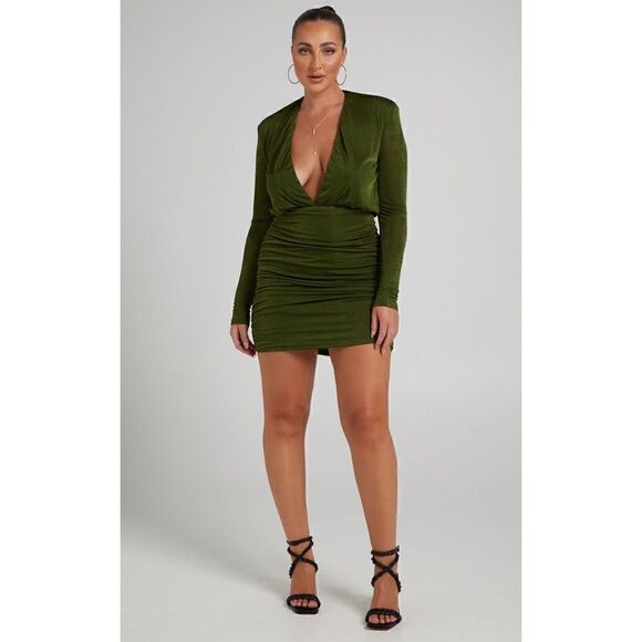 NWT Showpo Kaitie Mini Deep V Open Front Ruched Dress in Khaki, Size 4 - Picture 2 of 16